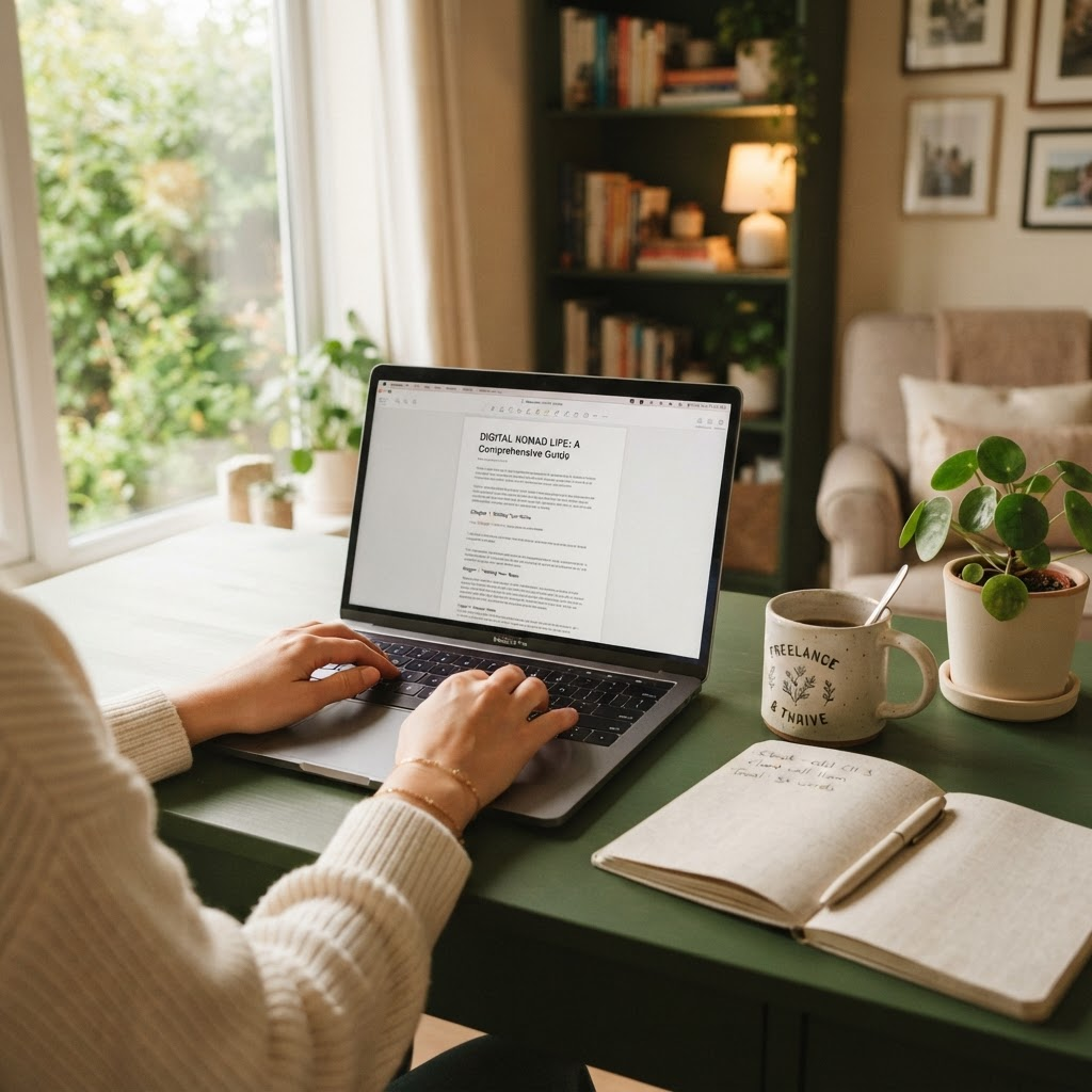 Profissional trabalhando de casa em laptop com documento de e-book formatado na tela